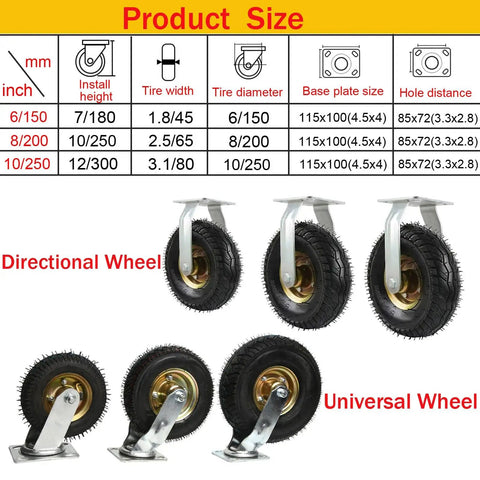 Hardcore Heavy Duty Rubber Caster Wheels Roll Slick As Butter With No Sweat Shock Absorption Easy Mount Kit For Workshop Cart And Garage Furniture Rig size chart showing directional and universal wheels