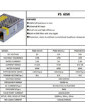 LED Switching Power Supply 24V 2.5A 60W Driver For 110V To 220V AC DC Lighting Systems High Efficiency Compact Transformer The Workhorse For LED Strips And Fixtures. metal power supply unit with ventilation holes and terminal block