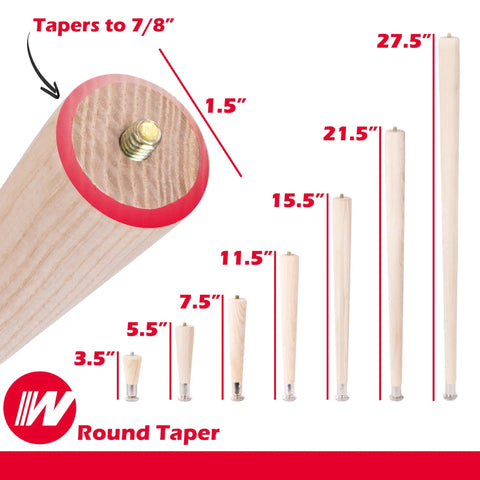 Round Taper Furniture Legs 16 Inch, 4 Pack, Self Leveling Quick Mount Wood Legs with sizes marked from 3.5 to 27.5 inches