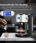 Top Shelf Commercial Espresso Machine With 20 Bar Pump And Smart Pre Infusion Silky Milk Frothing Steam Wand Compact Counter Friendly Build That Hit The Spot For Any Casual Daily Grind with coffee being brewed and milk frothing.