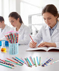 Students in lab coats using 48 Pack Science Pencils Bulk With Erasers And Motivational Sayings For Lab Week Parties And Classroom Rewards.
