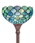Tiffany Style Floor Lamp Torchiere With Stained Glass Shade In Green And Red Floral Pattern, 60 Inch Tall Bronze Finish Base