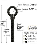 Tough As Nails T316 Stainless Steel Eye Bolts 5 Pack Black 1/4 X 2 Inch with dimensions and specs for marine grade rigging.