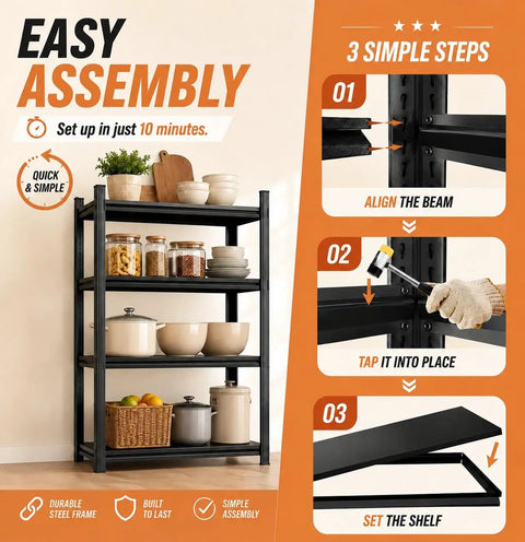 Three Tier Kitchen Storage Rack For Pots And Pans Adjustable Metal Organizer with assembly instructions visible