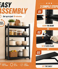 4 Tier Bolt Free Kitchen Storage Shelves With Adjustable Detachable Metal Tiers, assembly steps shown next to stocked shelves