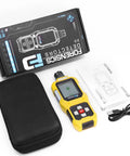 Ammonia Gas Detector For Farms And Livestock with large digital display, UK sensor, yellow body, case, and accessories shown.