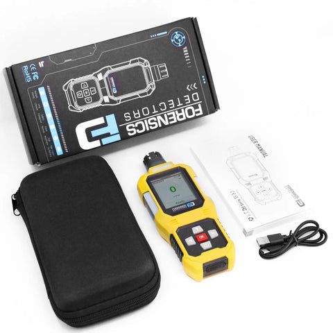 Ammonia Gas Detector For Farms And Livestock with large digital display, UK sensor, yellow body, case, and accessories shown.
