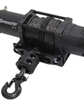 SuperATV 6000 lb black winch with synthetic rope and hook mounted on a winch plate