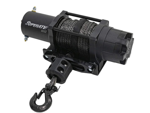 SuperATV 6000 lb black winch with synthetic rope and hook mounted on a winch plate