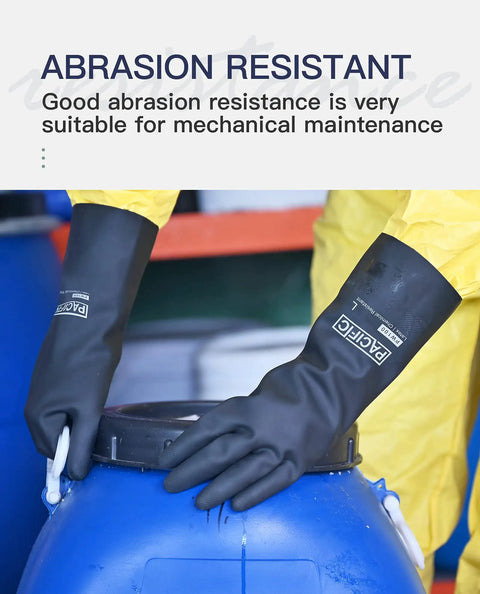 Chemical Resistant Work Gloves Built To Take A Beating Heavy Duty Industrial Latex Rubber Gloves gripping a blue drum