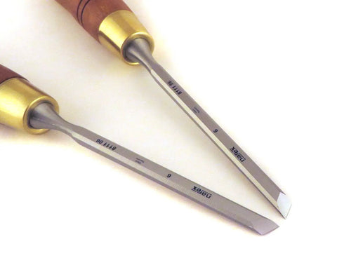 Right And Left Six Millimeter Paring Chisels One Quarter Inch Wide Skew Ground At Thirty Degrees With Twenty Five Degree Bevel on white