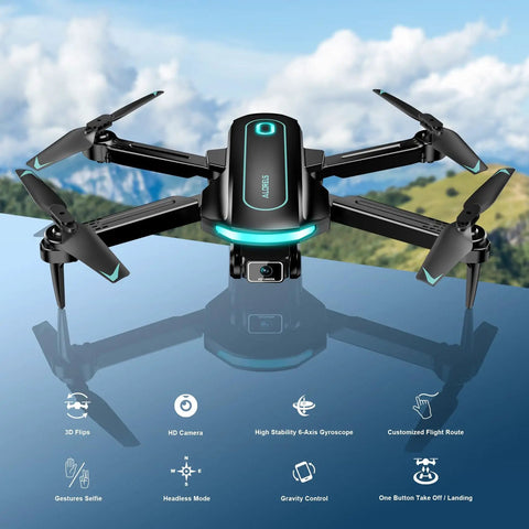 1080P HD FPV Foldable Camera Drone For Adults And Beginners, Compact Mini Drone with features shown, set outdoors against sky and mountains.