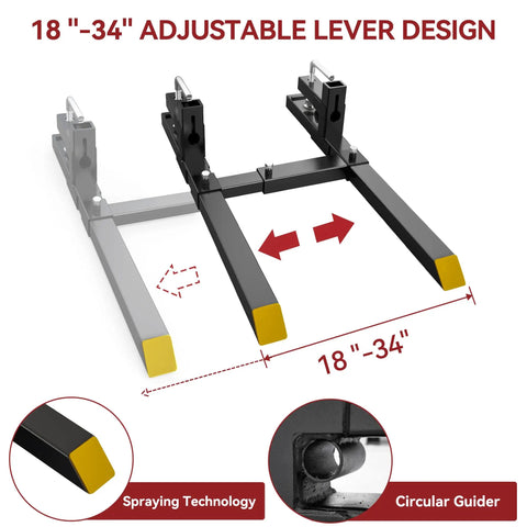 60 Inch Clamp On Pallet Forks With Adjustable Stabilizer Bar For Tractor Buckets And Skid Steers Heavy Duty 2000 Lbs Capacity Quick Attach Forks, showing adjustable lever design from 18 to 34 inches.