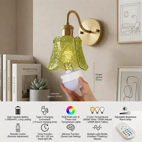 YUNICE Rechargeable Wall Sconces Set of 2 Battery Operated Wall Sconce with Remote Control Dimmable Cordless Wall Lamp with Green Glass Lampshade Antique Brass Wall Lights for Bedroom Living Room, showcasing a green glass shade