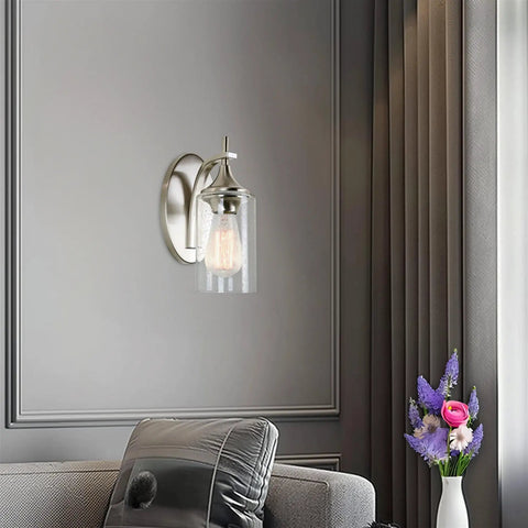 Wall lamp with Brentwood Seeded Glass Shades Set, Clear Bubble Glass, modern decor, grey wall, purple flowers in vase