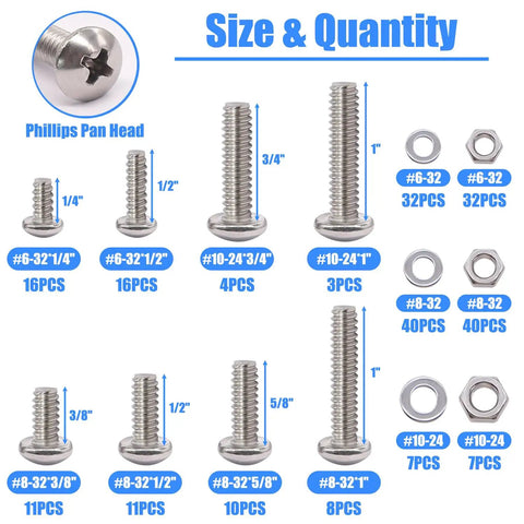 Grab-And-Go 304 Stainless Steel Nuts And Bolts Kit With 237 Pcs, 8 Sizes Including Size 6-32, 8-32, 10-24 chart
