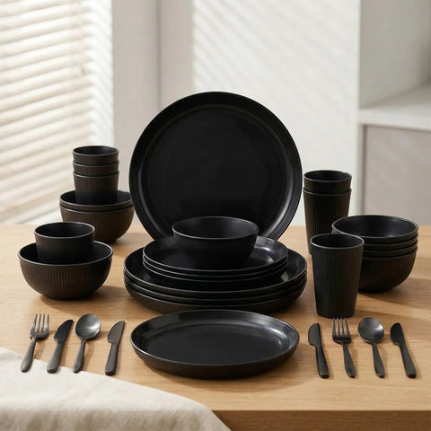 Built Tough 36 Piece Wheat Straw Dinnerware Set For 6 No Fuss Unbreakable Bowls Plates And Cups Dishware Safe For Dishwasher And Microwave Ideal For Outdoor Camping Black displayed on table