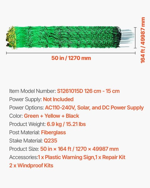 Electric Fence Netting 50 Inch High And 164 Feet Long With Posts And Stakes, coiled green-yellow-black mesh with dimensions