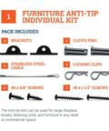 Image of Anti Tip Furniture Anchors For Dresser, Bookshelf And Cabinet Safety kit, showing brackets, clevis pins, cable, and screws.