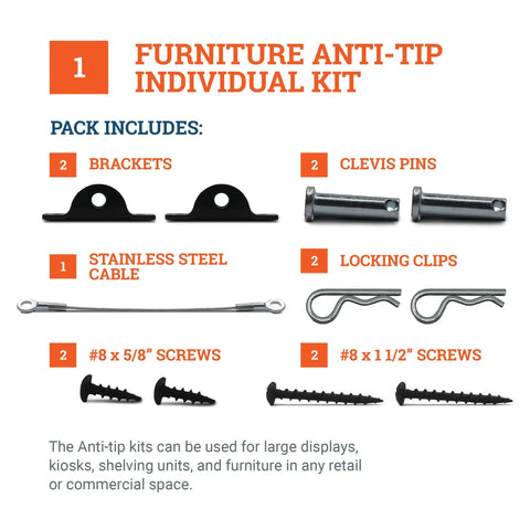 Image of Anti Tip Furniture Anchors For Dresser, Bookshelf And Cabinet Safety kit, showing brackets, clevis pins, cable, and screws.