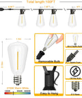 Diagram of Outdoor String Lights 100 Ft Patio Lighting With 52 LED Edison Bulbs showing removable parts and dimensions.