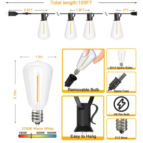 Diagram of Outdoor String Lights 100 Ft Patio Lighting With 52 LED Edison Bulbs showing removable parts and dimensions.