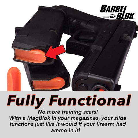 9mm Dry Fire Practice Tool For Any Handgun Universal Fit With 3 MagBlok Inserts shown in magazines