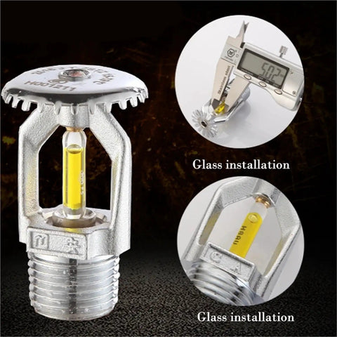 Five Piece Pro Level Fire Sprinkler Head Kit Featuring Heavy Duty Brass Build And No Hassle Pipe Thread Fittings For Rock Solid Home Fire Safety And Emergency Coverage, showing glass installation details.