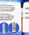Compatibility of Two Stage Auger Adapter Conversion Kit For Your Drill Turns One Half Inch Hand Drills Into Ice Augers And Fits Auger Shafts With Three Quarter And Seven Eighths Inch Inner Diameter DIY Friendly Ideal For Ice Fishing And Garden Planting with drill setup and adapter details.