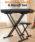 Rock Solid Keyboard Stand And Bench Set And Double X Piano Stand in home studio setting with plush PU leather bench.