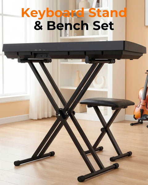 Rock Solid Keyboard Stand And Bench Set And Double X Piano Stand in home studio setting with plush PU leather bench.
