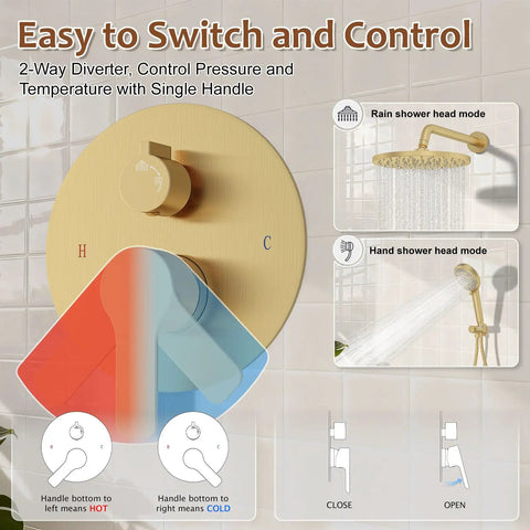 Iriber Brushed Gold Shower System Faucet Set control panel, single handle diverter, indicating hot and cold settings.