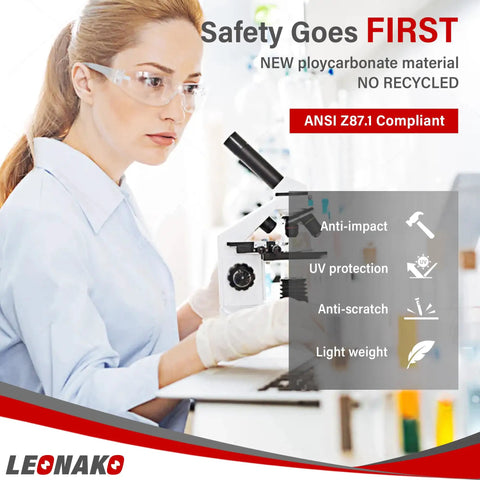 Clear Safety Glasses For Men Bulk Pack Of 24 With Polycarbonate Lenses ANSI Z87.1 Impact Resistant Built Tough Anti Scratch UV400 Protective Eyewear For Debris Home Improvement And Outdoor Work worn by woman using microscope in lab