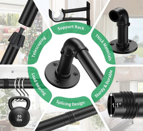 Collage of Beefy Black Curtain Rods For Windows 66 To 120 Inches, showing telescoping parts, support rack, splicing design