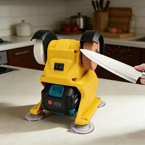 Depisuta Mini Bench Grinder 5500Rpm for 18-21V Li Ion Battery with dual wheels sharpening a knife on a kitchen countertop.