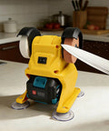 Asixxsix Mini Bench Grinder With Dual Wheels And 5500Rpm Speed Electric Sander Machine includes a knife sharpening at kitchen countertop.