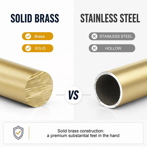 Comparison of solid brass vs hollow stainless steel with descriptions for cabinet pulls material and quality.