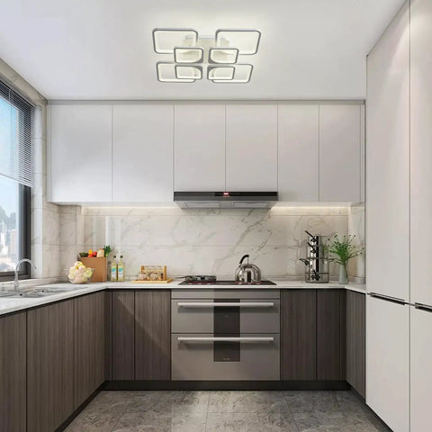 Dimmable Flush Mount LED Ceiling Light With Remote Control, 23.6 Inch Modern Fixture, in a contemporary kitchen setting.