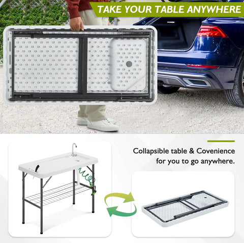 Folding Fish Cleaning Table With Portable Sink, Faucet, Drainage Hose And Sprayer being loaded into a car, showcasing portability.
