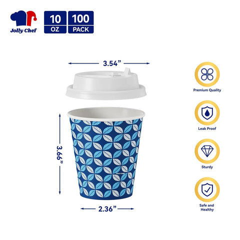 Two Color Leaf Design 10 Oz Disposable Coffee Cups With Lids Sleeves And Stirrers 100 Pack Value Set For Home Office Cafe Blue Leaf