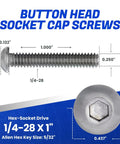 Tough As Nails Button Head Socket Cap Screws 1/4-28 X 1 Inch with measurements and hex-socket drive detail.
