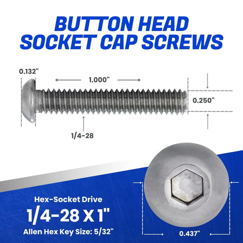 Tough As Nails Button Head Socket Cap Screws 1/4-28 X 1 Inch with measurements and hex-socket drive detail.