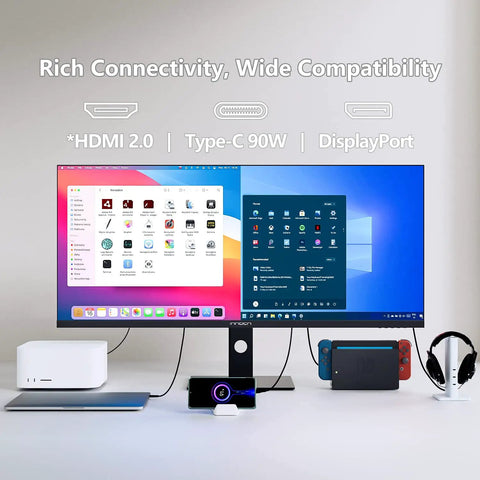 UltraWide 40 Inch Gaming Monitor With 3440x1440 WQHD, 144Hz Refresh, displayed on desk setup showing connectivity with devices