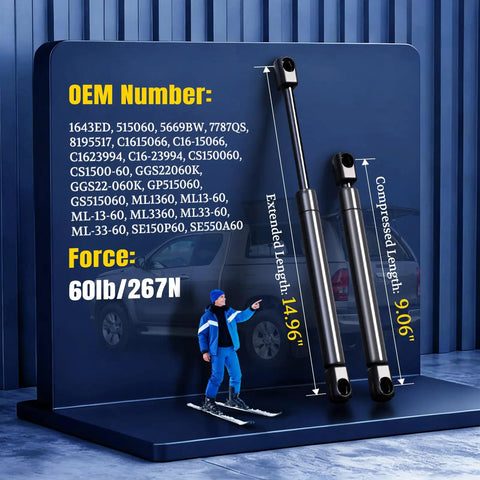 Heavy Duty Gas Struts For Rv Compartments And Storage Bays 15 Inch 60 Lb Lift Support Shocks shown with dimensions on display.