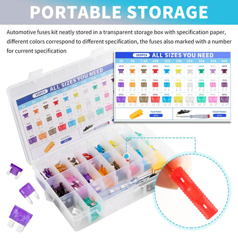 Heavy Duty Auto Fuse Assortment Kit With Slick Tester And Tough Puller, Complete Car Fuse Pack for organized auto fuse storage.