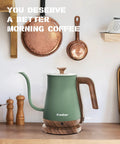 Gooseneck Electric Kettle 0.8L 1000W Stainless Steel Pour Over Kettle For Coffee And Tea With Auto Shut Off Wood Grain Handle In Matcha Green on kitchen counter