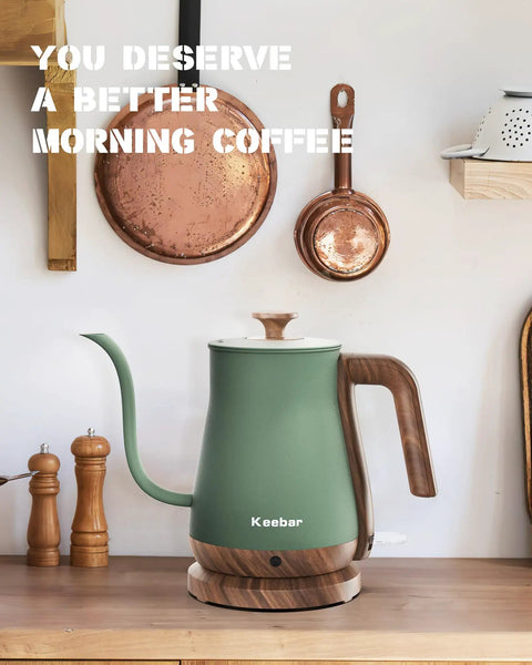 Gooseneck Electric Kettle 0.8L 1000W Stainless Steel Pour Over Kettle For Coffee And Tea With Auto Shut Off Wood Grain Handle In Matcha Green on kitchen counter