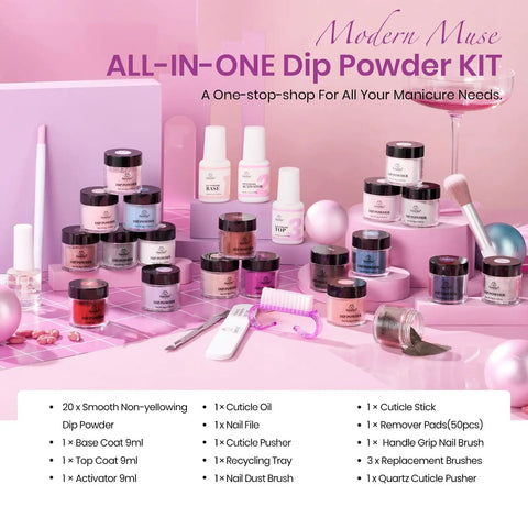 35 Piece Dip Powder Nail Kit Set With 20 Modern Muse Colors Nude Pink Blue Glitter Plus Base Coat Top Coat Activator And Pro Tools
