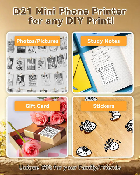 Bluetooth Sticker Printer Mini Portable Sticker Maker With 3 Roll Paper Inkless Thermal Printing For iPhone Notes And Journals DIY Crafts And Kids Gift On The Go, showing uses like photos, notes, gift cards, and stickers