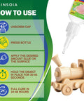 Front view of 20g CA glue bottle dispensing a drop onto a wooden toy train; green how-to-use infographic on the left.